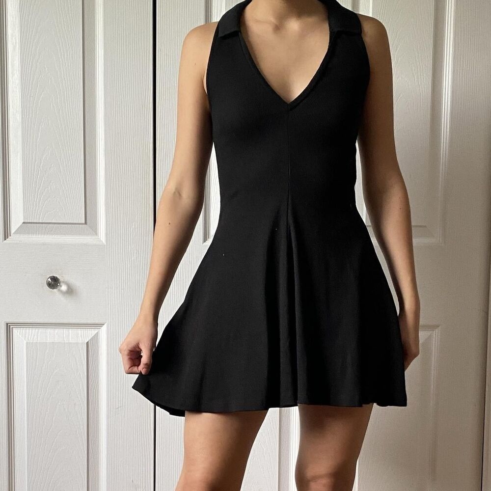 ZARA Black Ribbed Knit V-Neck Strappy Sleeveless Mini A-Line Dress Size S